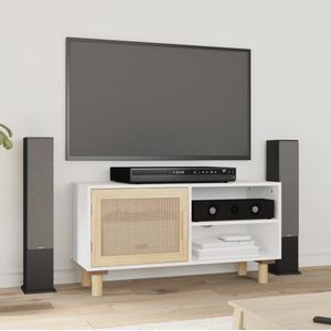 VidaXL TV-meubel 80x30x40 cm Massief Grenenhout en Rattan Wit