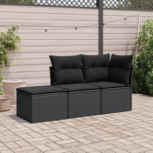 vidaXL 3-delige Loungeset met kussens poly rattan zwart