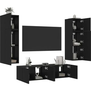vidaXL 6-delige Tv-wandmeubelset met LED bewerkt hout zwart