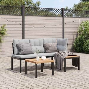 vidaXL - 3-delige - Loungeset - met - kussens - gepoedercoat - staal - zwart