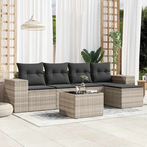 vidaXL 6-delige Loungeset met kussens poly rattan lichtgrijs