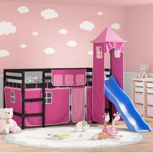 vidaXL Kinderhoogslaper met toren 90x190 cm massief grenenhout roze