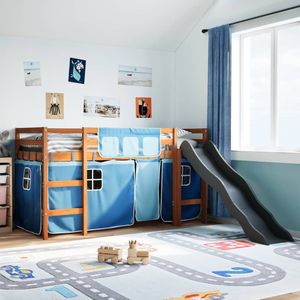 vidaXL Kinderhoogslaper met gordijnen 90x200 cm grenenhout blauw