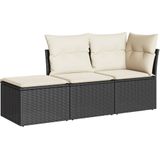 vidaXL 3-delige Loungeset met kussens poly rattan zwart