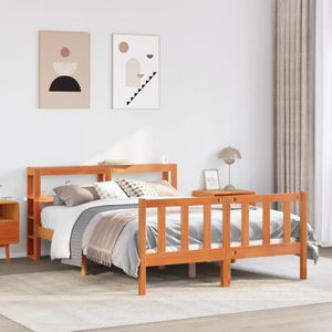 vidaXL Bedframe met hoofdbord massief grenenhout wasbruin 135x190 cm