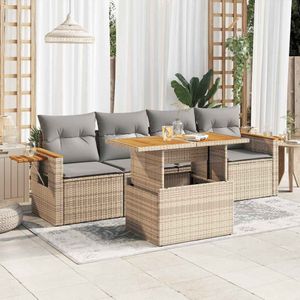 vidaXL - 5-delige - Loungeset - met - kussens - poly - rattan - en - acaciahout - beige