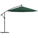 <p>Deze elegante hangende parasol is de perfecte keuze om wat schaduw te creëren en jezelf te beschermen tegen de schadelijke UV-straling van de zon.</p>
<p>Wanneer de zon ondergaat, verlichten de atmosferische, op zonne-energie werkende LED's automatisch je buitenruimte.</p>
<p>De grote luifel heeft een diameter van 300 cm en is gemaakt van UV-bestendig en kleurvast polyester stof.</p>
<p>De sterke metalen paal, ribben (8) en kruisvoet maken de parasol zeer stabiel en duurzaam.</p>
<p>De luifel hangt vrij van de paal, zodat de ruimte onder de parasol onbelemmerd blijft.</p>
<p>De tuinparasol kan eenvoudig geopend en gesloten worden dankzij het zwengelmechanisme.</p>
<p>De geïntegreerde 24 LED-lampen, aangedreven door 1 zonnepaneel, creëren 's nachts een gezellige en romantische sfeer.</p>
<p>Montage is eenvoudig.</p>
<ul>
  <li>Kleur: groen</li>
  <li>Materiaal parasoldoek: stof (waterdicht, uv-bestendig en kleurvast)</li>
  <li>Materiaal frame: metalen paal en ribben (8)</li>
  <li>Diameter doek: 300 cm</li>
  <li>Totale hoogte: 254 cm</li>
  <li>Afmetingen kruisvoet: 100 x 100 cm (L x B)</li>
  <li>Met luchtventilatie en zwengelmechanisme</li>
  <li>Inclusief 24 LED-lampjes en 1 zonnepaneel</li>
  <li>Oplaadtijd van het zonnepaneel: 8 uur (op zonnige dagen)</li>
  <li>Brandtijd van de LED's: 4 uur</li>
  <li>Vermogen van het zonnepaneel: 0,7 W</li>
  <li>Eenvoudig te monteren</li>
  <li>Materiaal: Polyester: 100%</li>
</ul>