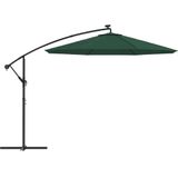 <p>Deze elegante hangende parasol is de perfecte keuze om wat schaduw te creëren en jezelf te beschermen tegen de schadelijke UV-straling van de zon.</p>
<p>Wanneer de zon ondergaat, verlichten de atmosferische, op zonne-energie werkende LED's automatisch je buitenruimte.</p>
<p>De grote luifel heeft een diameter van 300 cm en is gemaakt van UV-bestendig en kleurvast polyester stof.</p>
<p>De sterke metalen paal, ribben (8) en kruisvoet maken de parasol zeer stabiel en duurzaam.</p>
<p>De luifel hangt vrij van de paal, zodat de ruimte onder de parasol onbelemmerd blijft.</p>
<p>De tuinparasol kan eenvoudig geopend en gesloten worden dankzij het zwengelmechanisme.</p>
<p>De geïntegreerde 24 LED-lampen, aangedreven door 1 zonnepaneel, creëren 's nachts een gezellige en romantische sfeer.</p>
<p>Montage is eenvoudig.</p>
<ul>
  <li>Kleur: groen</li>
  <li>Materiaal parasoldoek: stof (waterdicht, uv-bestendig en kleurvast)</li>
  <li>Materiaal frame: metalen paal en ribben (8)</li>
  <li>Diameter doek: 300 cm</li>
  <li>Totale hoogte: 254 cm</li>
  <li>Afmetingen kruisvoet: 100 x 100 cm (L x B)</li>
  <li>Met luchtventilatie en zwengelmechanisme</li>
  <li>Inclusief 24 LED-lampjes en 1 zonnepaneel</li>
  <li>Oplaadtijd van het zonnepaneel: 8 uur (op zonnige dagen)</li>
  <li>Brandtijd van de LED's: 4 uur</li>
  <li>Vermogen van het zonnepaneel: 0,7 W</li>
  <li>Eenvoudig te monteren</li>
  <li>Materiaal: Polyester: 100%</li>
</ul>