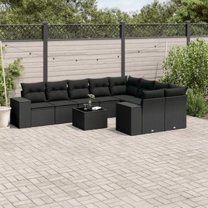 vidaXL - 10-delige - Loungeset - met - kussens - poly - rattan - zwart