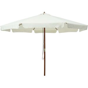 <p>Deze praktische parasol is perfect om wat schaduw te creëren en is een musthave om buiten te genieten.</p>
<p>Het parasoldoek is gemaakt van anti-vervagend polyester dat gemakkelijk schoon te maken is.</p>
<p>De paaldiameter is 48 mm waardoor hij in een bestaande voet of in het midden van een tafel geplaatst kan worden.</p>
<p>De sterke houten paal en de baleinen maken de parasol zeer stabiel en duurzaam.</p>
<p>De tuinparasol kan eenvoudig geopend en gesloten worden dankzij het dubbele katrolsysteem.</p>
<p>Het product is eenvoudig te monteren.</p>
<p>Let op, wij adviseren om het doek te behandelen met een waterdichtmakende spray als hij wordt blootgesteld aan zware regenval.</p>
<ul>
<li>Kleur: zandwit</li>
<li>Materiaal: stof, gelamineerd bamboe en hardhout</li>
<li>Totale afmetingen: 330 x 254 cm (ø x H)</li>
<li>Diameter buis: 48 mm</li>
<li>Met luchtventilatie en dubbel katrolsysteem</li>
<li>Materiaal: Polyester: 100%</li>
</ul>