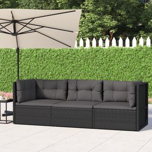 vidaXL 3-delige Loungeset met kussens poly rattan zwart