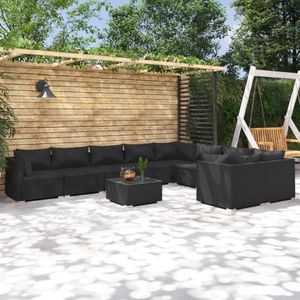 vidaXL 10-delige Loungeset met kussens poly rattan zwart