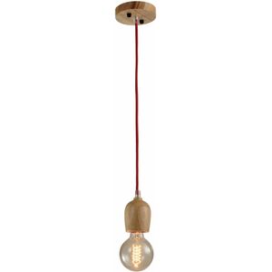 QUVIO Hanglamp retro - Houten pendel met rood snoer - Diameter 6 cm