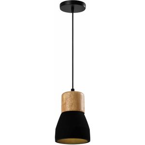 QUVIO Hanglamp landelijk - Simplistisch betonnen lamp - Houten kop - D 13 cm - Zwart