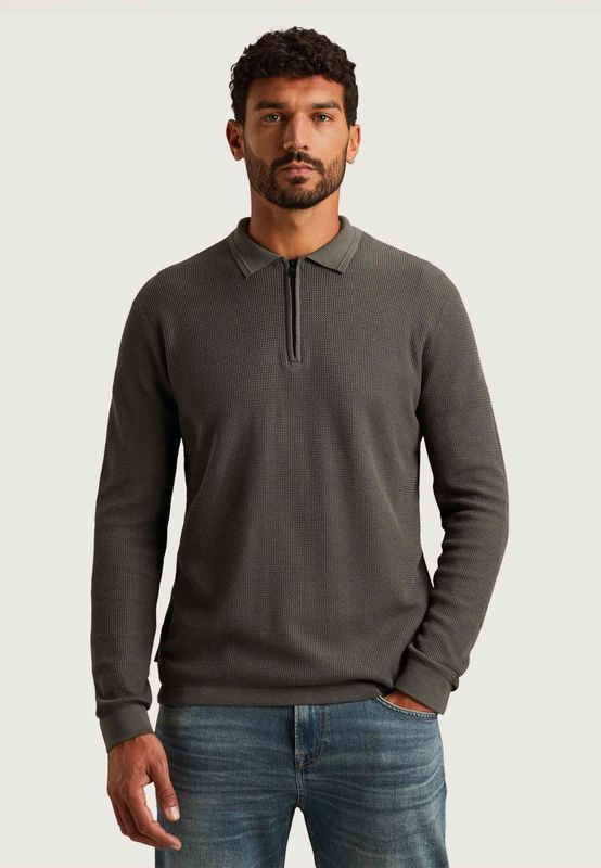 Cast Iron - Longsleeve Half-Zip Polo Structure - Antraciet - Heren Poloshirt