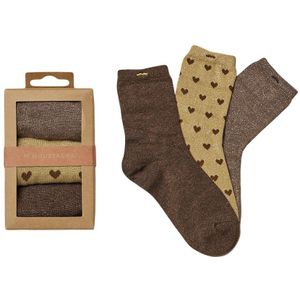 M. Moustache dames giftbox 3-pack sokken glitter hearts bruin dames