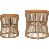 vidaXL Tuinbijzettafels 2 st met houten blad poly rattan beige