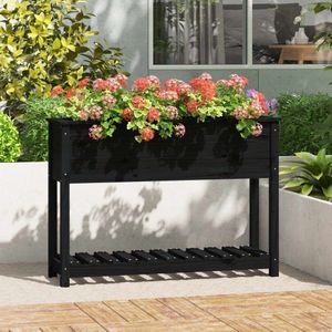 vidaXL Plantenbak met schap 111,5x34,5x81 cm massief grenenhout zwart