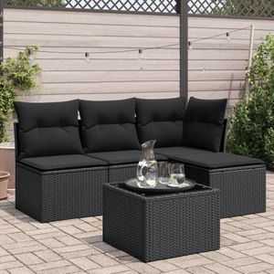 vidaXL 5-delige Loungeset met kussens poly rattan zwart