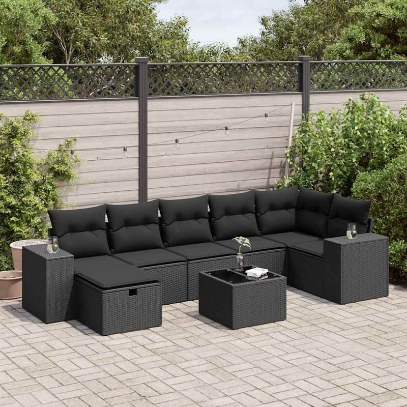vidaXL 8-delige Loungeset met kussens poly rattan zwart