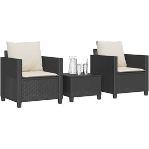 vidaXL - 3-delige - Bistroset - met - kussens - poly - rattan - zwart