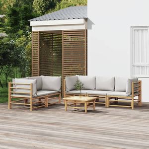 vidaXL - 6-delige - Loungeset - met - kussens - bamboe - lichtgrijs
