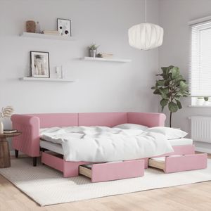 vidaXL Slaapbank met onderschuifbed en lades 90x200 cm fluweel roze