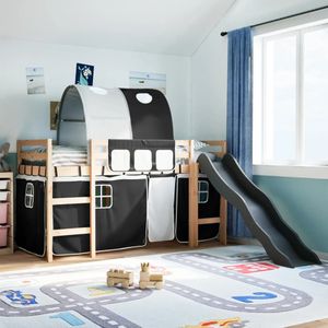 vidaXL Kinderhoogslaper met tunnel 90x190 cm grenenhout wit en zwart