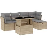 vidaXL 6-delige Loungeset met kussens poly rattan beige