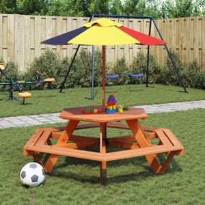 vidaXL Picknicktafel voor 4 kinderen met parasol zeshoekig vurenhout