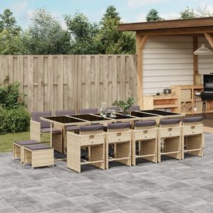 vidaXL 15-delige Tuinset met kussens poly rattan gemengd beige