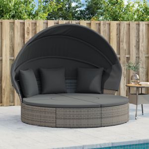 vidaXL Loungebed met luifel en kussens poly rattan grijs