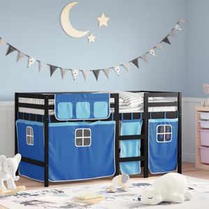 vidaXL Kinderhoogslaper met gordijnen 90x190 cm grenenhout blauw
