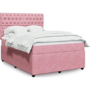 vidaXL Boxspring met matras fluweel roze 140x200 cm