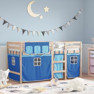 vidaXL Kinderhoogslaper met gordijnen 90x190 cm grenenhout blauw