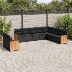 vidaXL 10-delige Loungeset met kussens poly rattan zwart