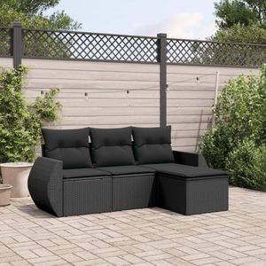 vidaXL 4-delige Loungeset met kussens poly rattan zwart