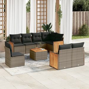 vidaXL - 9-delige - Loungeset - met - kussens - poly - rattan - grijs