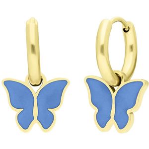 Stalen goldplated oorbellen met vlinder licht blauw