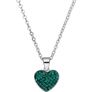 Stalen ketting hart met kristal emerald
