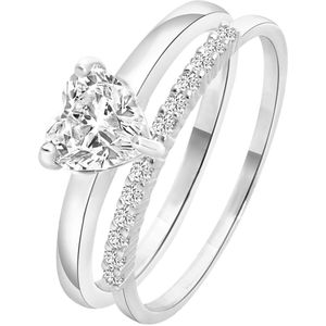 Zilveren dubbele ring met zirkonia hart