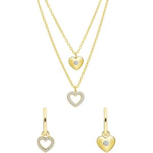 Zilveren goldplated set ketting en oorbellen hart