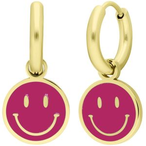 Stalen goldplated oorbellen met smiley roze