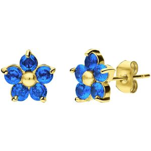 Stalen goldplated oorknoppen bloem met zirkonia blue topaz