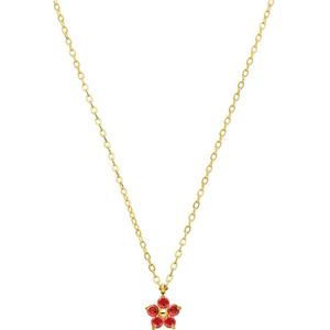 Stalen goldplated ketting bloem zirkonia rood