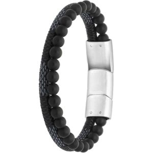 Stalen herenarmband leer en steen zwart