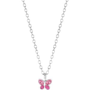 Lucardi Kinderen Ketting Vlinder Roze Kristal - Echt Zilver - Ketting - Cadeau - 38 cm