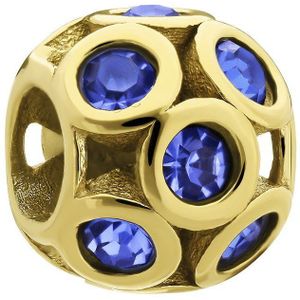 Stalen goldplated bedel bol met blauwe zirkonia