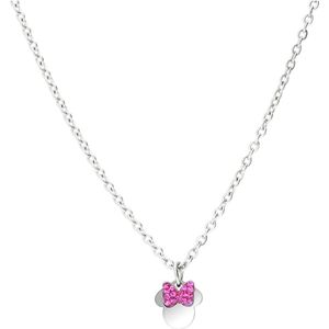 Disney - Kinder Stalen ketting Minni Mouse met roze kristal strik - Ketting - Staal - Zilverkleurig - 40 cm