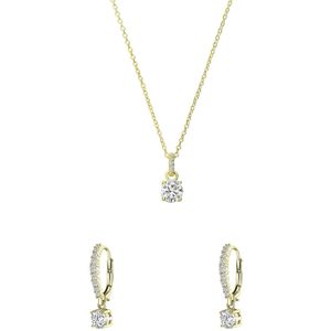 Zilveren goldplated sieradenset ketting en oorringen hart zirkonia